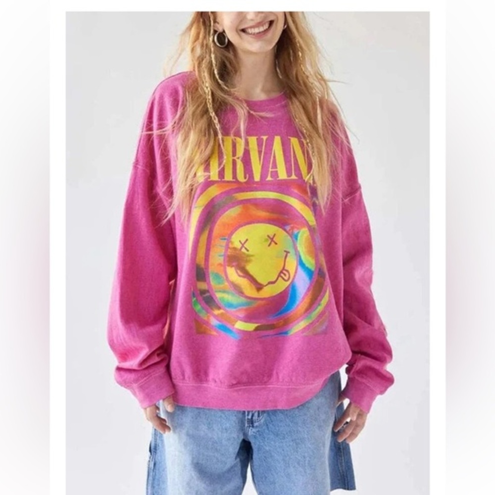 Urban Outfitters Nirvana Smiley Face Overdyed Sweatshirt Heliconia  XL oversized